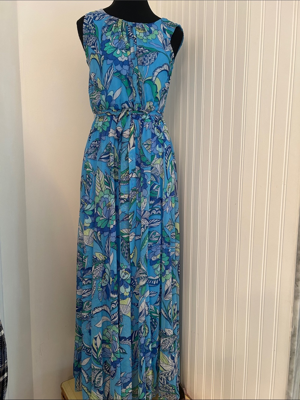 Blue Floral Maxi Dress with Tie Waist